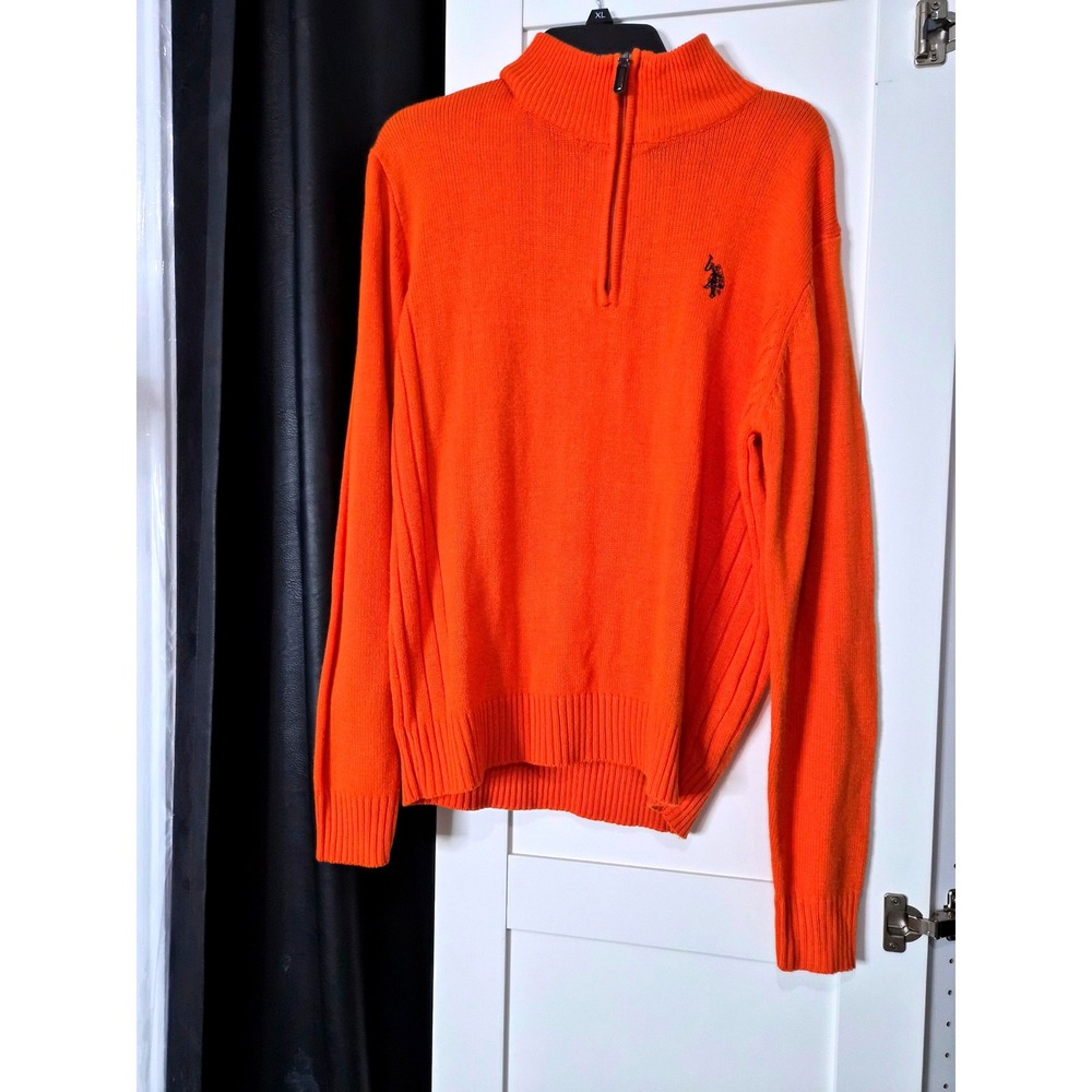 US Polo Assn Orange Quarter Zip‎ Pullover Sweater Men's Large 100% Acrylic